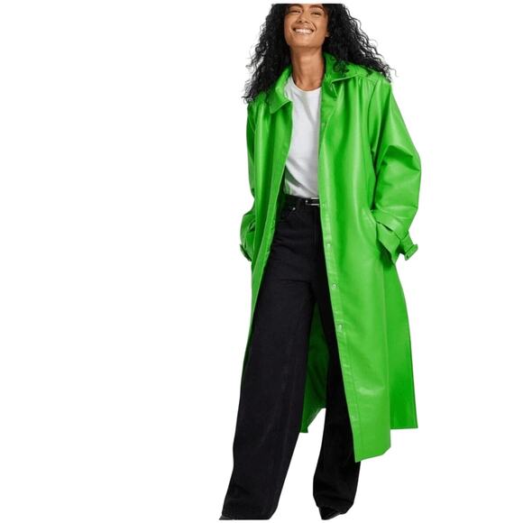 NA-KD NWT Sz EU 38 Wrinkled Detail Long PU Trench Coat Green US 8 - Picture 1 of 9